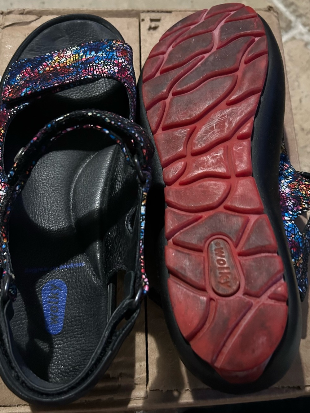 Wolky Womens Black Sandals with Multicolor Sparkle Upper and Red Outsole - Picture 2 of 3